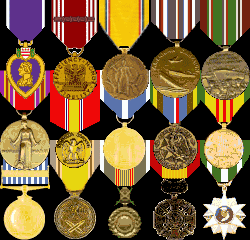 Purple Heart, Good Conduct, American Defense, American Campaign, European Campaign, WW II Victory, National Defense, Korean Service, AF Expeditionary, Vietnam Service, UN Service, RoK Service, RVN Military Merit, RVN Gallantry Cross, RVN Campaign Medal