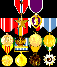 Bronze Star, Purple Heart, Good Conduct, National Defense, WW II Occupation (2 awards), Korean Service, Vietnam Service, UN Korean Service, RoK Service Medal, RVN Campaign Medal