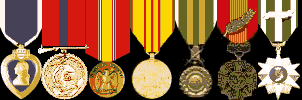 Purple Heart, USMC Good Conduct, National Defense, Vietnam Service, RVN Cross of Gallantry, RVN Military Merit, and Vietnam Campaign medals