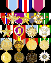 DSC, Silver Star, Legion of Merit, Bronze Star (2 OLC), Purple Heart (OLC), Air Medal, Army Commendation (2 OLC), National Defense (2nd), WWII Occupation, Korean Service, Vietnam Service, UN Service, RoK War Service, RVN Gallantry Cross, RVN Campaign