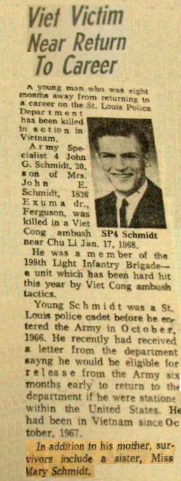 SP4 John George Schmidt, St Louis, MO on 0 The Virtual Wall® Vietnam Veterans ...